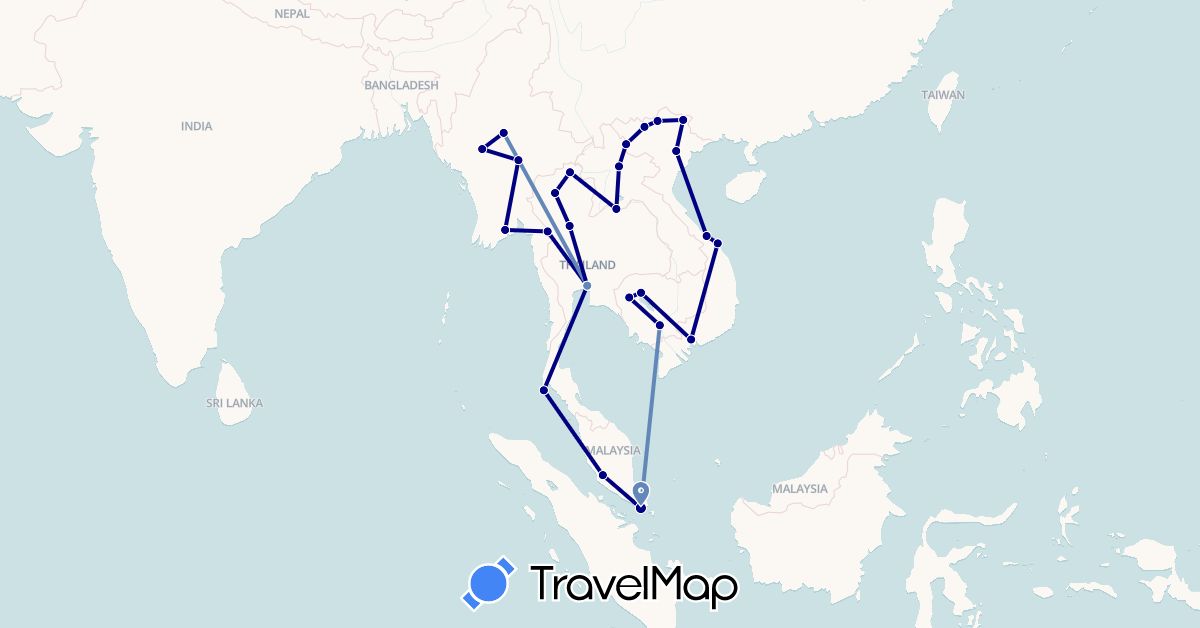 TravelMap itinerary: driving, cycling in Cambodia, Laos, Myanmar (Burma), Malaysia, Singapore, Thailand, Vietnam (Asia)